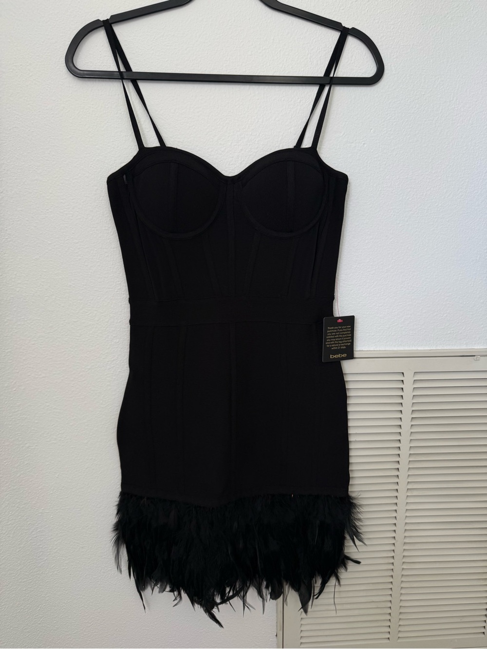 bebe Black Feather Hem Bodycon Mini Dress